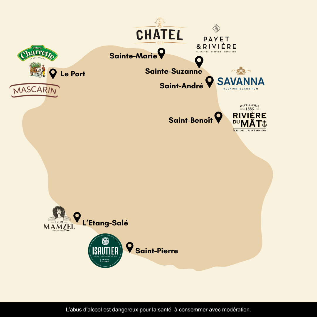 Carte des acteurs de la filière rhum à La Réunion